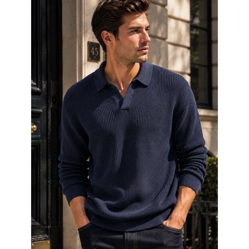 Madewell Johnny Collar Shaker Stitch Sweater Polo Mens XXL Cool Navy Marl Cotton
